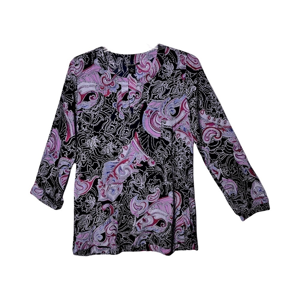 Lucky Brand | Purple Black Boho Paisley Split Neck Cotton Tunic Top, Medium